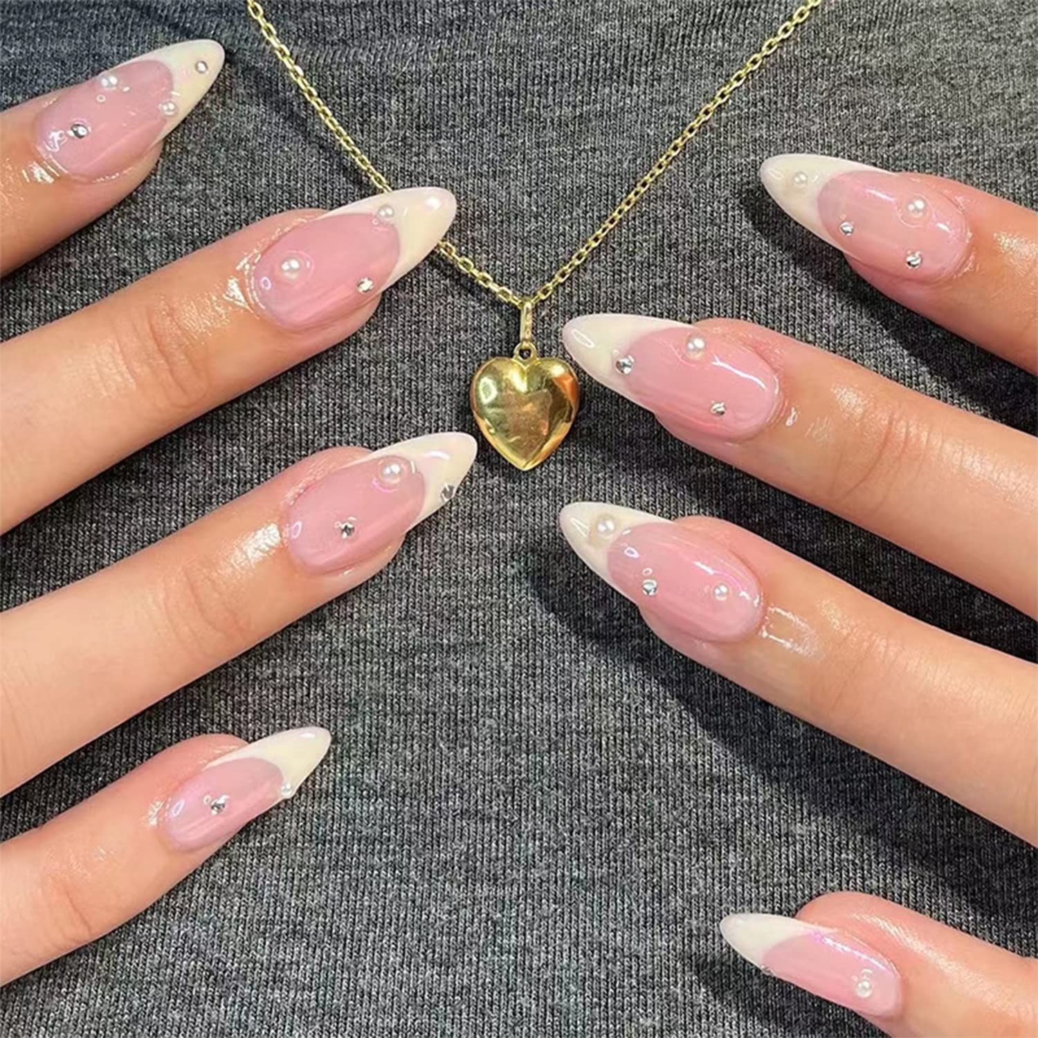 French Tips Press on Nails Almond Shaped White Fake Nails with Rhinestones De…
