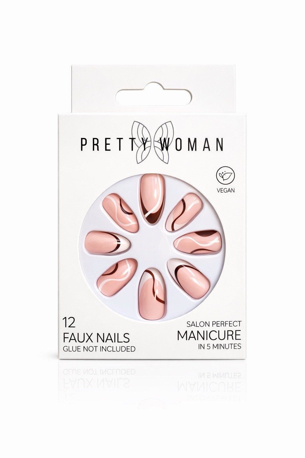 Pretty Woman Press-On Nails Almond Shiny Geometric Pink White Brown Vegan Set