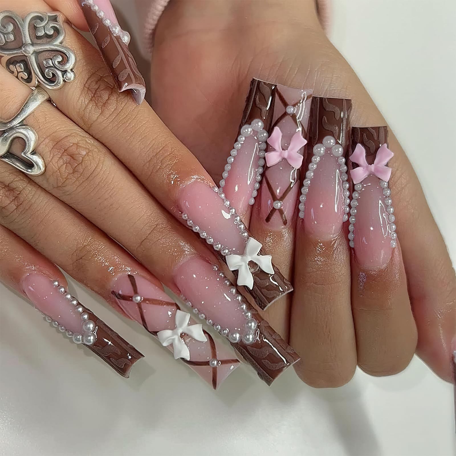 Brown French Tip Press on Nails Long Square Coffin Fake Nails Glossy Full Cov…