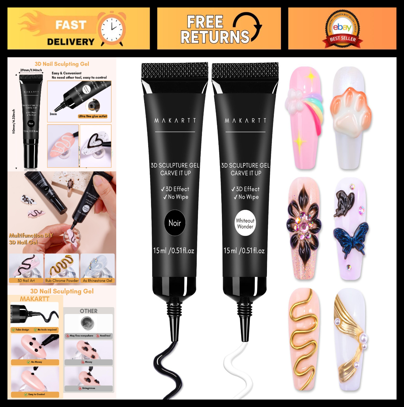 3D Gel Nail Art Set – White & Black Sculpting Molding Gel, No Wipe Embossed Poli