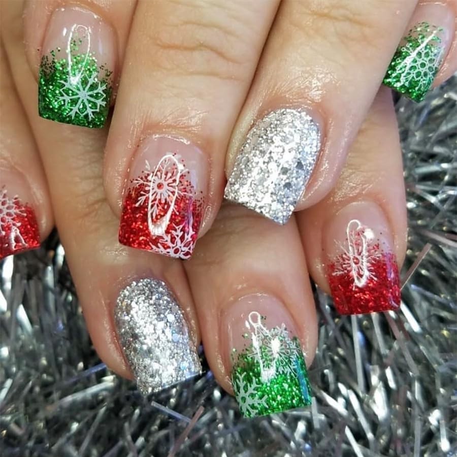 2 Packs 48Pcs Christmas Press on Nails Short Square Fake Nails Red Green Glit…