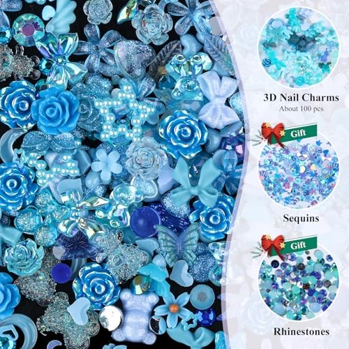 100 Pieces 3D Resin Butterfly Bear Nail Charms Rose Flower Peach Skirt Bow Blue
