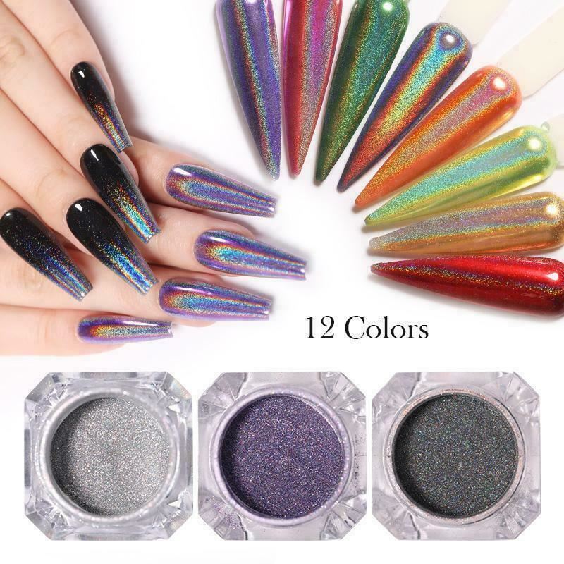 Holographic Nail Powder With Applicator Chrome Shimmer Mirror Glitter Pigment