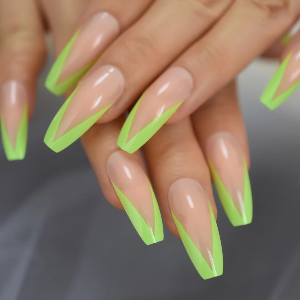 24 Press on Nails kit w Glue V Shape French Neon Green nude extra long coffin