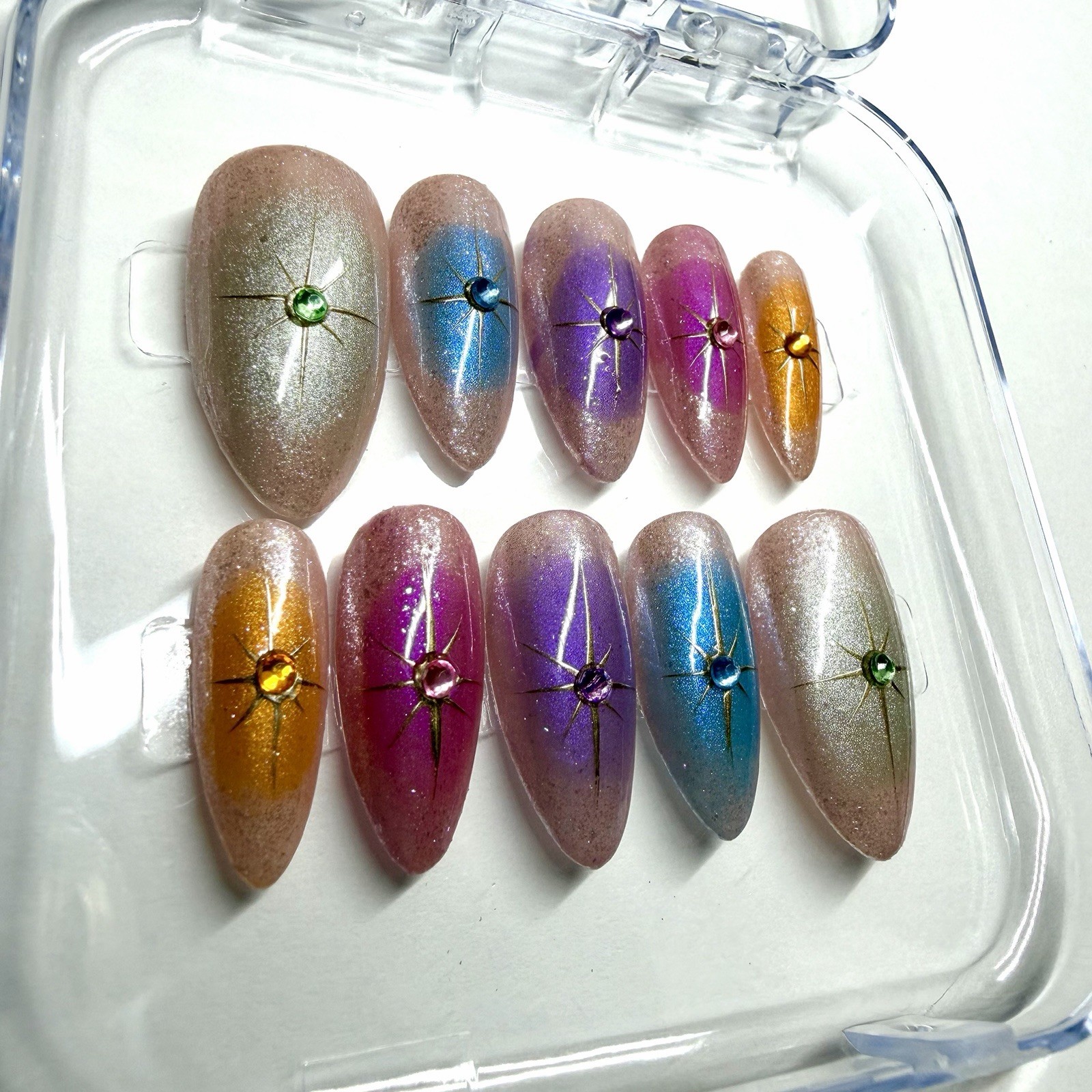Handmade Multicolor Glitter Starburst Star Almond Medium Press-On Nails Set