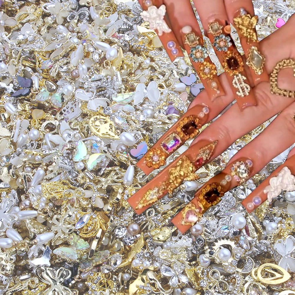 50Pcs Random Mix luxury nail charm Mixed Style 3D Alloy Crystal Rhinestone Gem