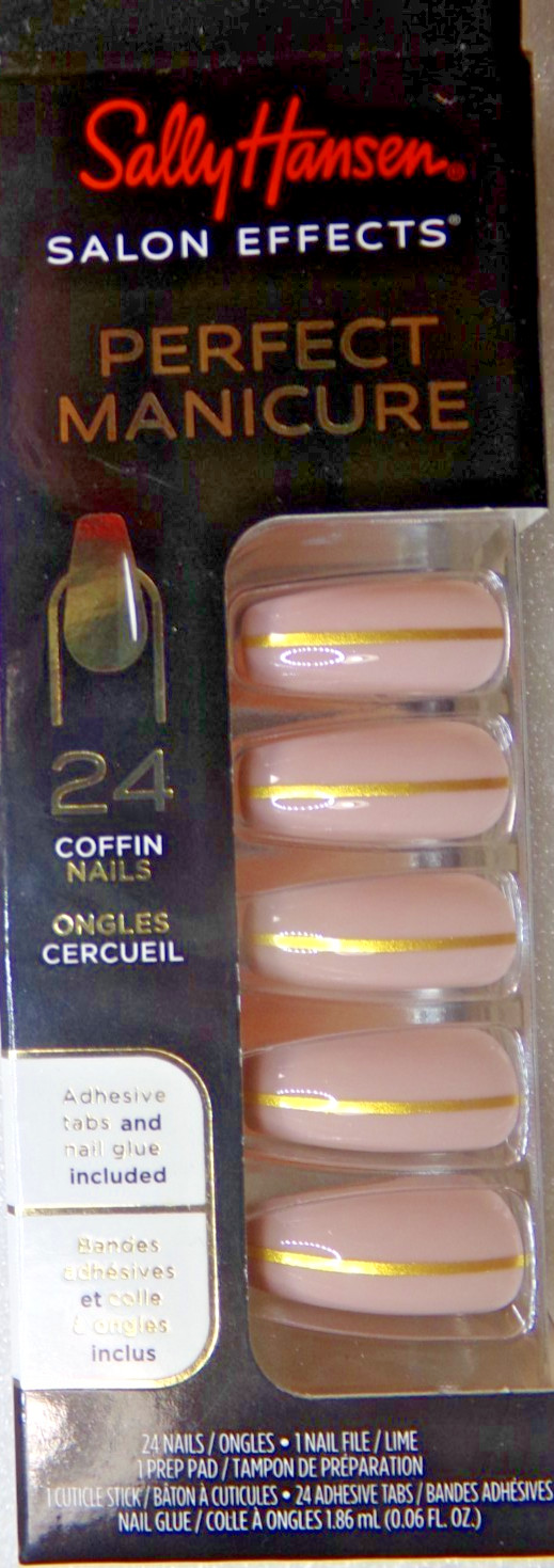 Sally Hansen Nails Pink Mauve with Gold Stripe GLUE-On Long Length Coffin