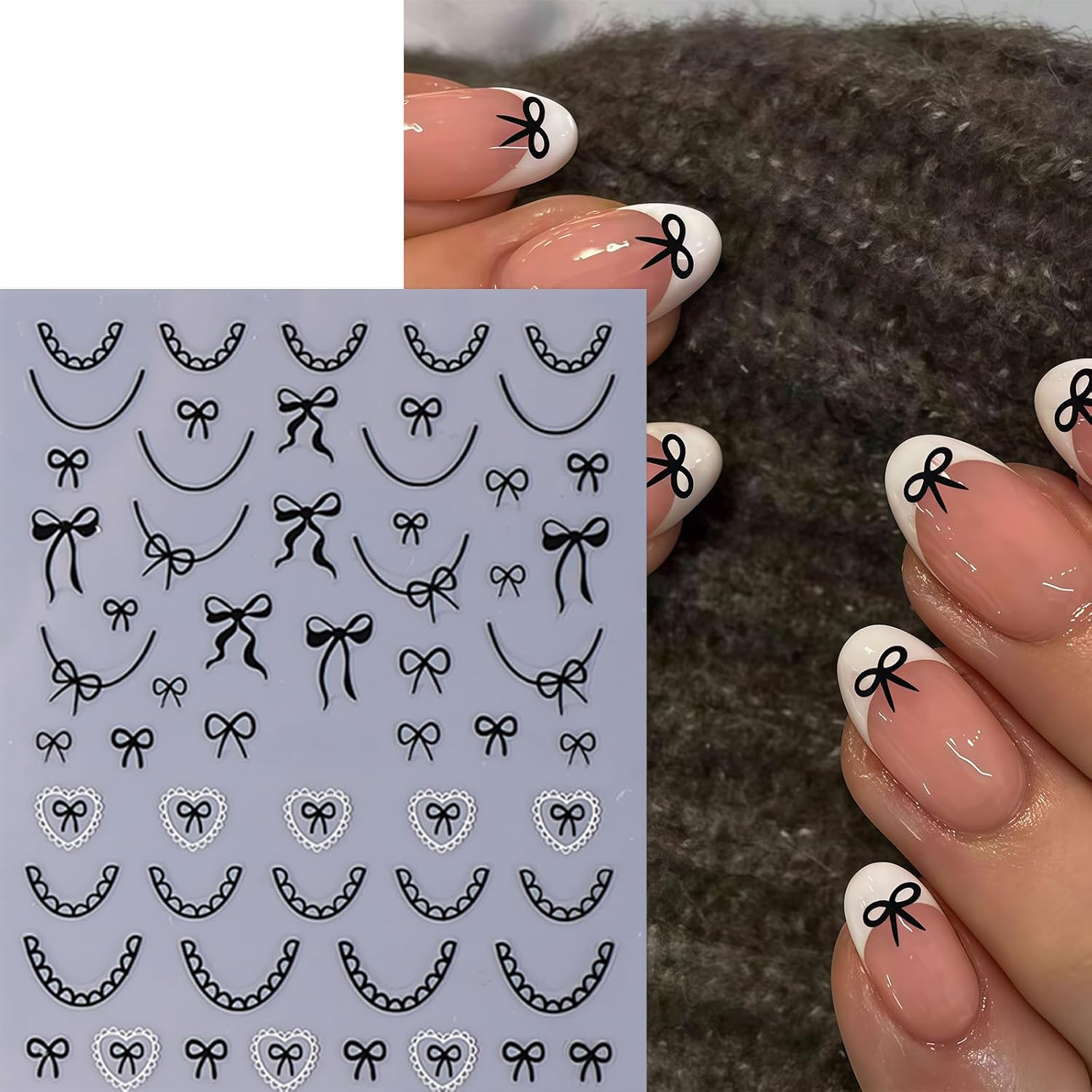 6Pcs Bow Nail Stickers Valentines Nail Decals Love-Heart Kawaii Lace Bow Tie Nai