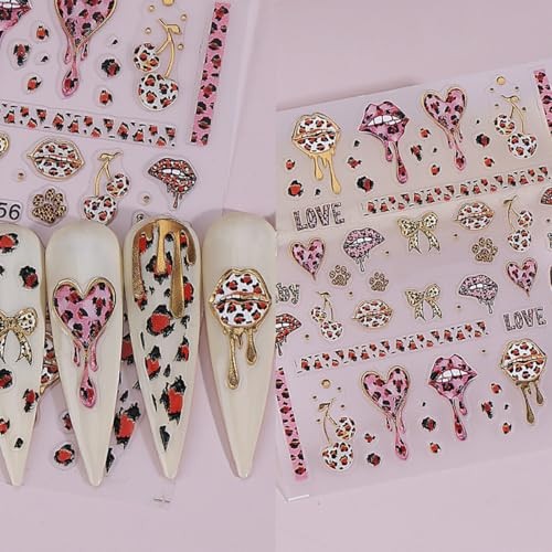 2 Sheets Valentines Day Nail Art Stickers Leopard Print Love Heart Nail bow