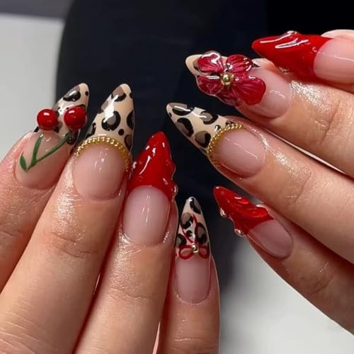 Almond Press on Nails Medium Red Leopard French Tip Fake Nails with 3D Floral-2
