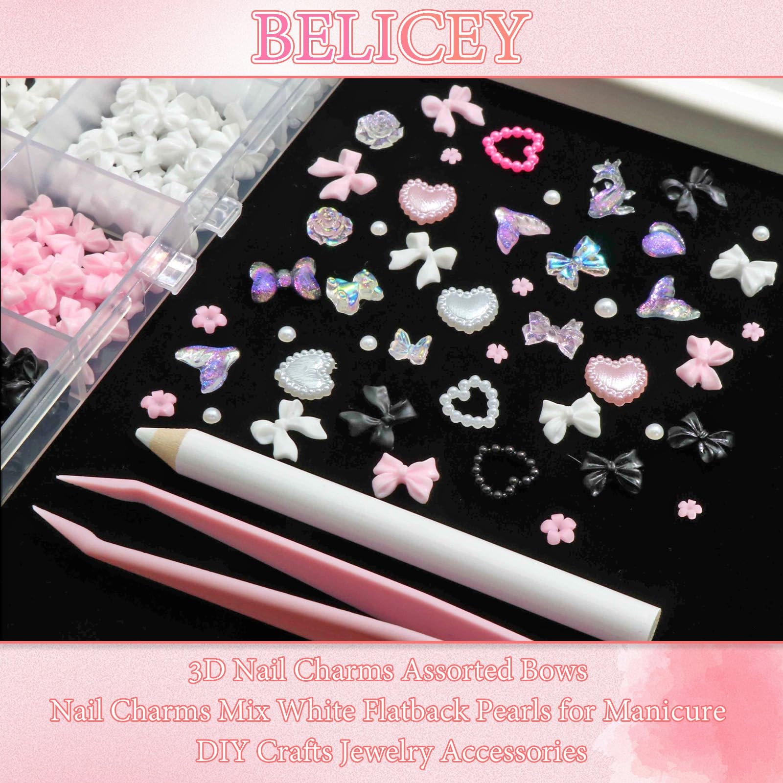 BELICEY 600Pcs 3D Nail Charms and Flatback Pearls Bows Flowers Hearts