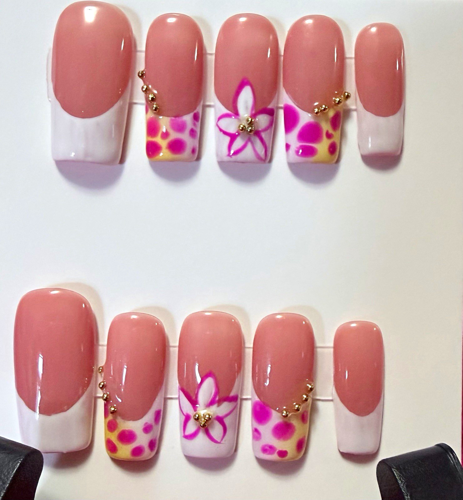 Pink/White/Purple Flower French Tip Square Press-On Nails, size small