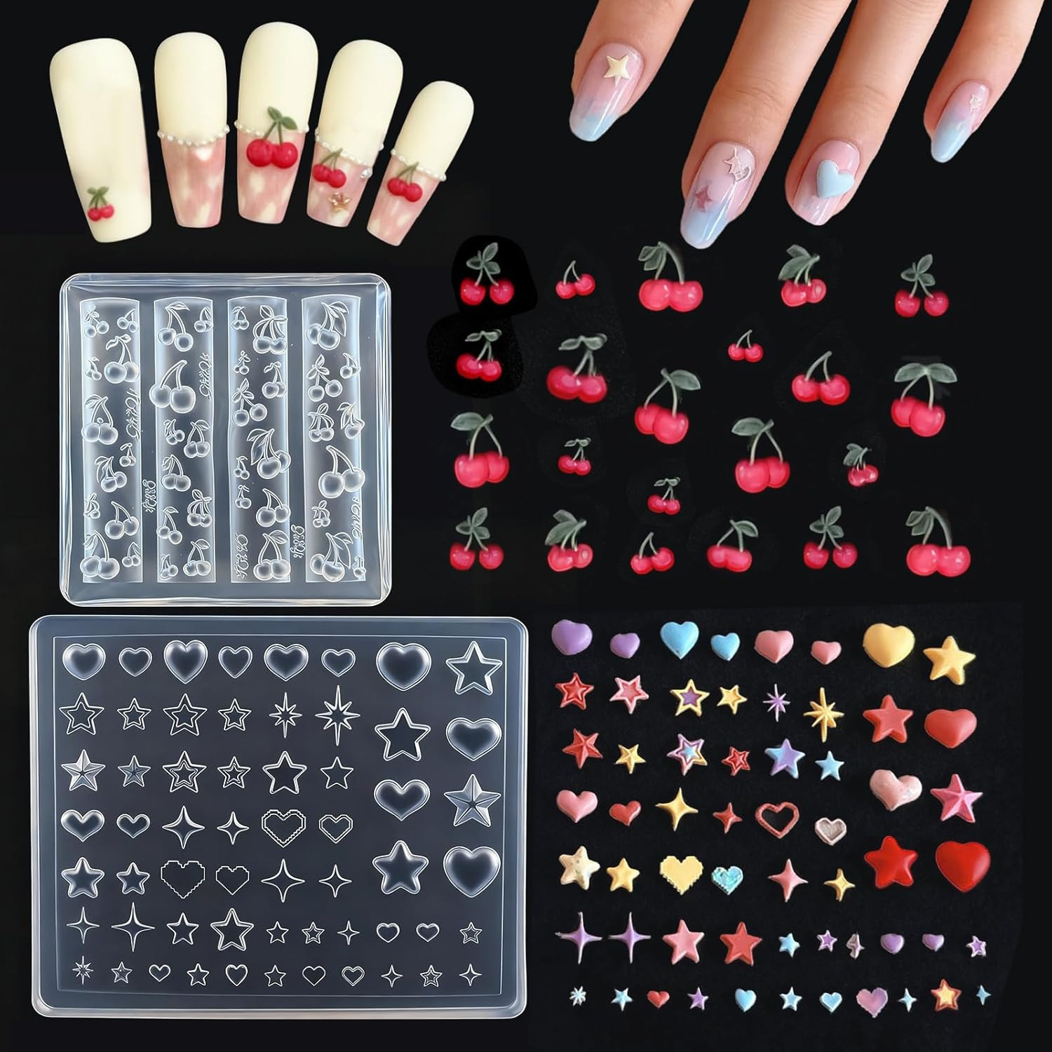 2 Pcs 3D Nail Art Silicone Nail Molds for Nail Decorations, Stars, Hearts & Cher