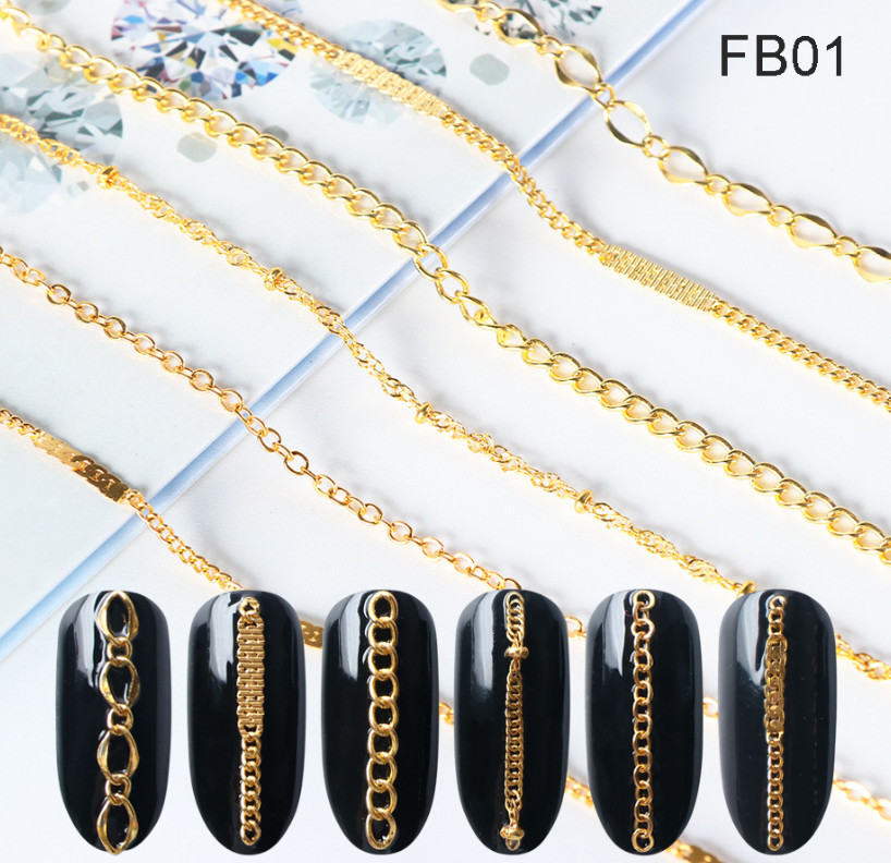 Metal Chain Fashion Gel Manicure DIY Nail Art Decorations Crystal Stud Gold NS16