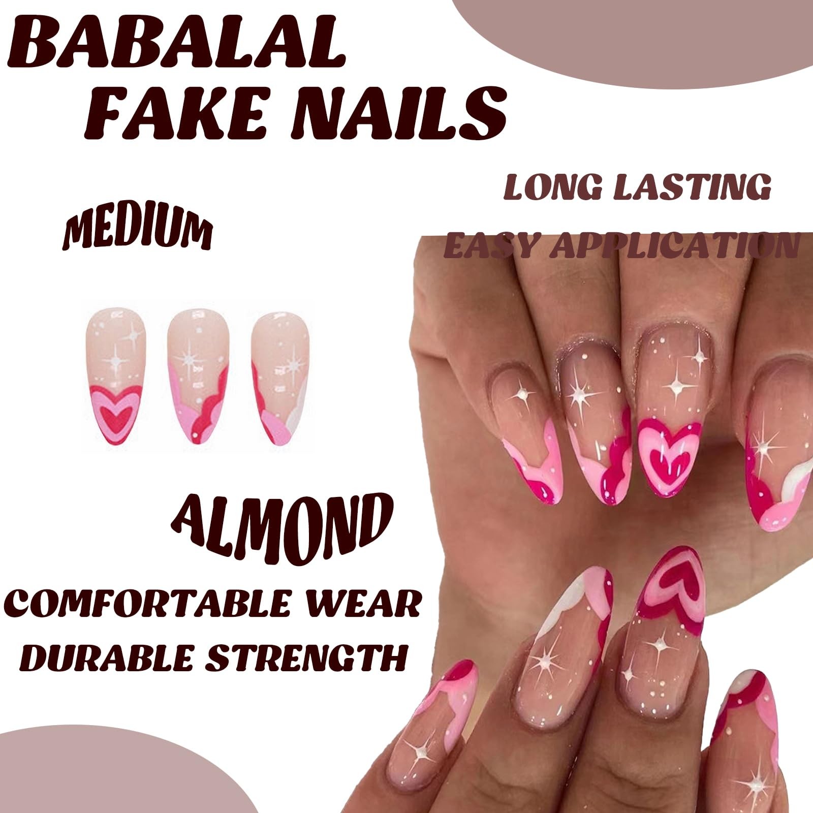 Almond Pink Heart French Glue on Stiletto Acrylic Nails 24Pcs Artificial Nail…