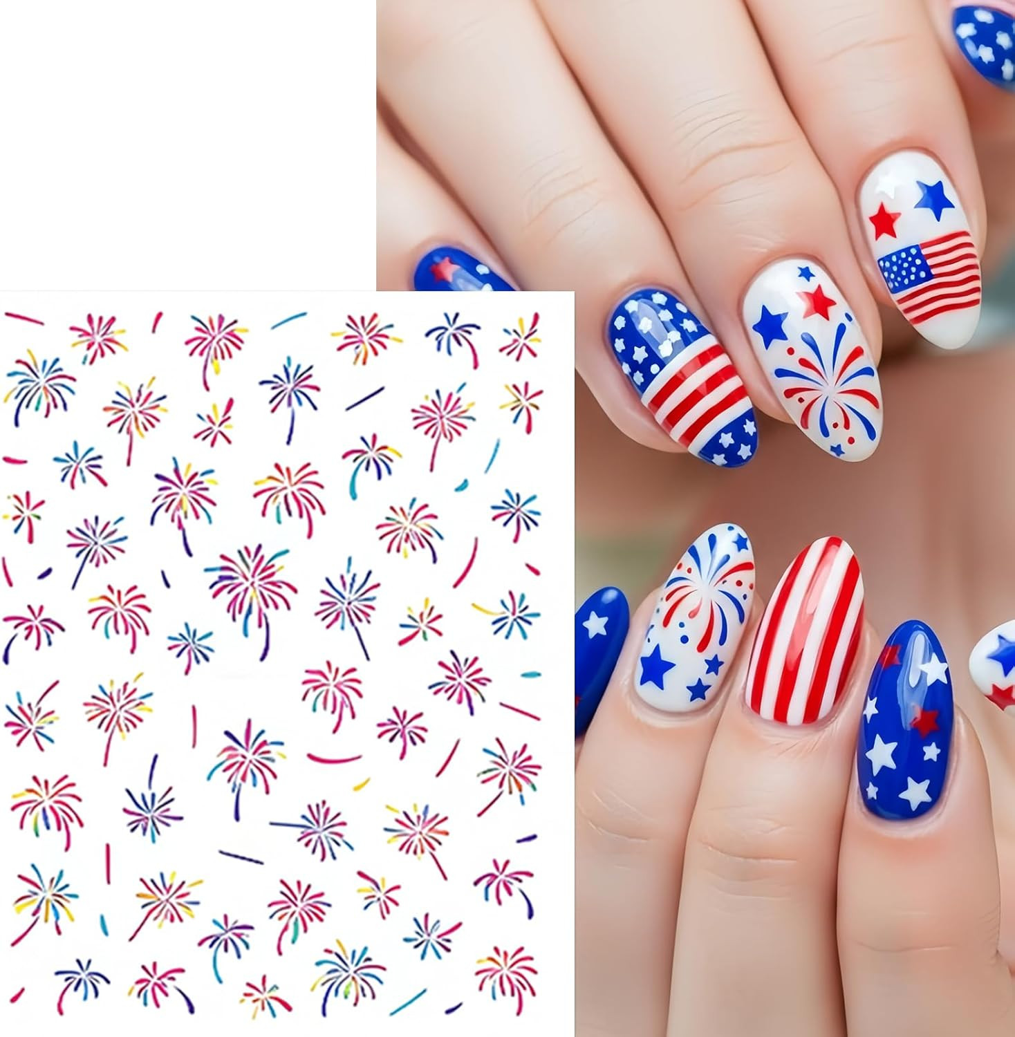 8 Sheets Independence Day Colorful Firework Nail Art Stickers 4Th of July Firewo