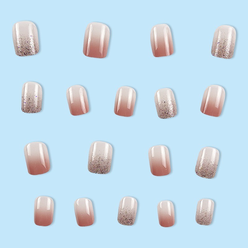 48P-Shimmer Glitter Press on Nails Short Square Nail Pink Gradient Gloss Finish