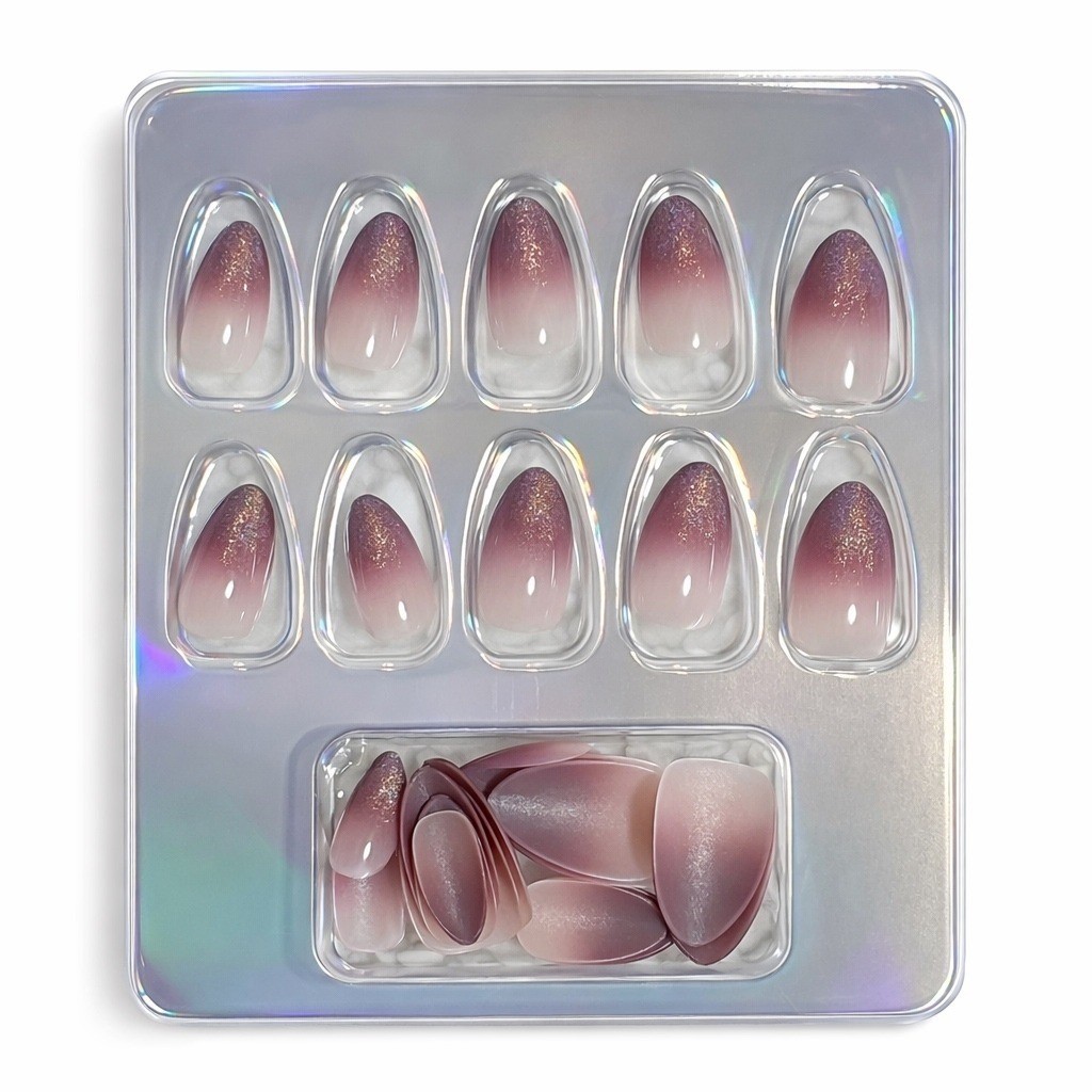 IQXGE Reusable Press On Nails Ombre Glitter Almond Shape Natural 24 Count
