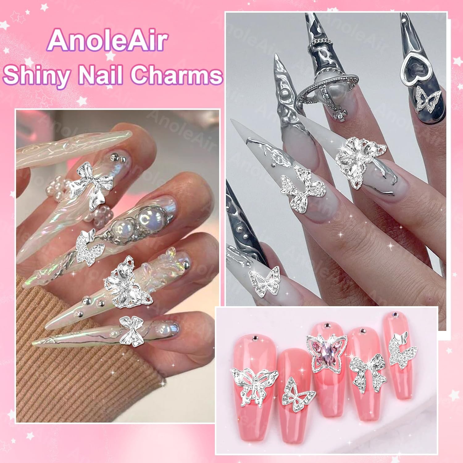 80 Pcs Silver Butterfly Nail Charms and Gems, 3D Pink Color Butterfly COLOR-S2