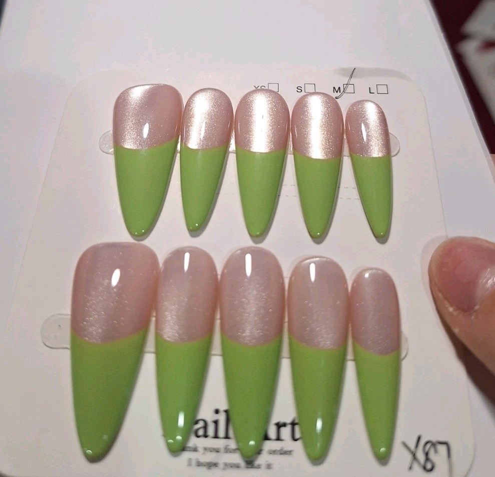 Medium Press On Nails Green Pink Shiny Stiletto Full Cover Pre-Designed
