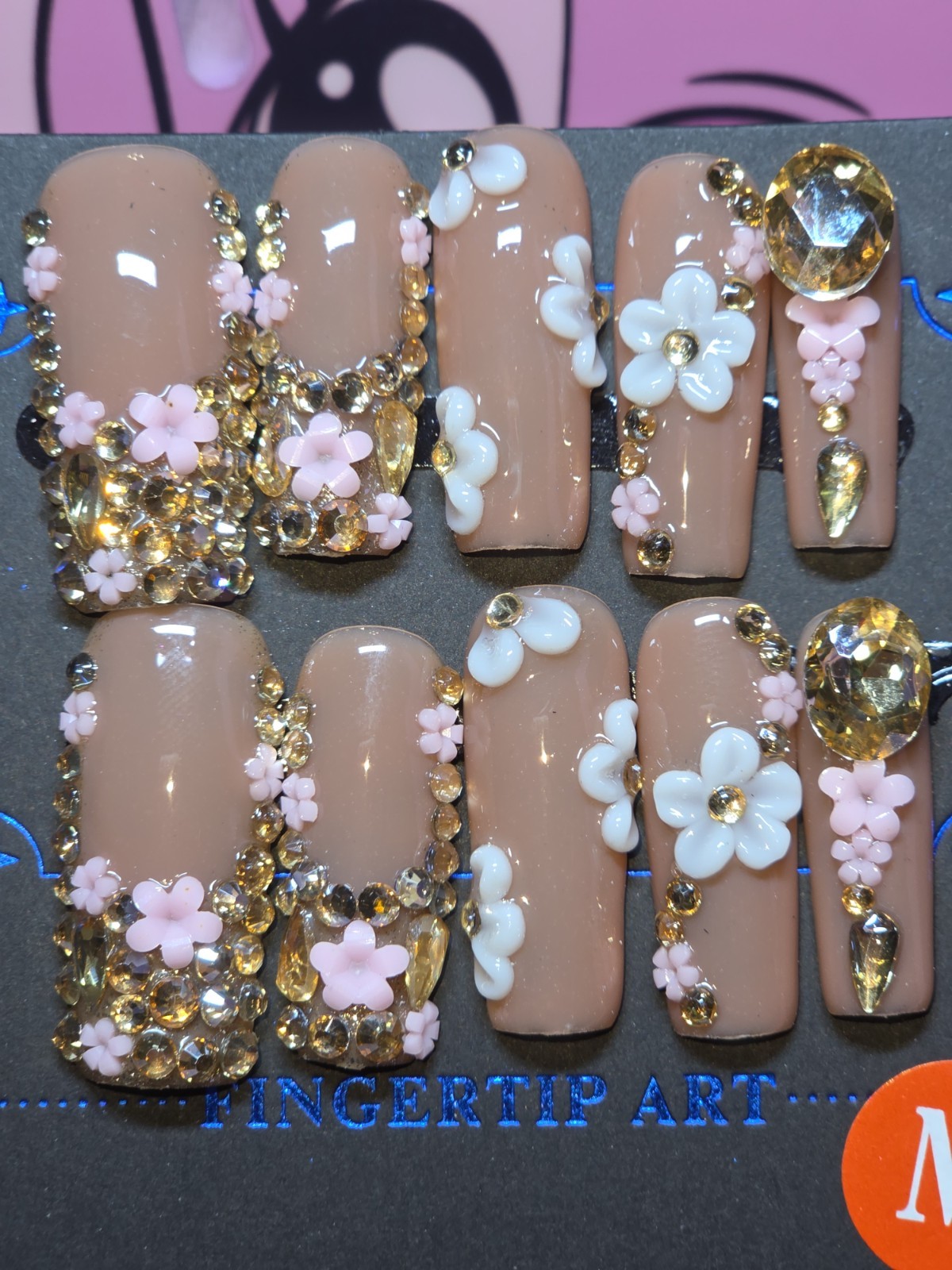 Press-On Nails Handmade Large Square Gold rhinestones matchin toenail set