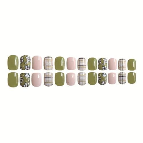 Short Press on Nails – Green Square Fake Nails – Pink Flower Grids – False Nail