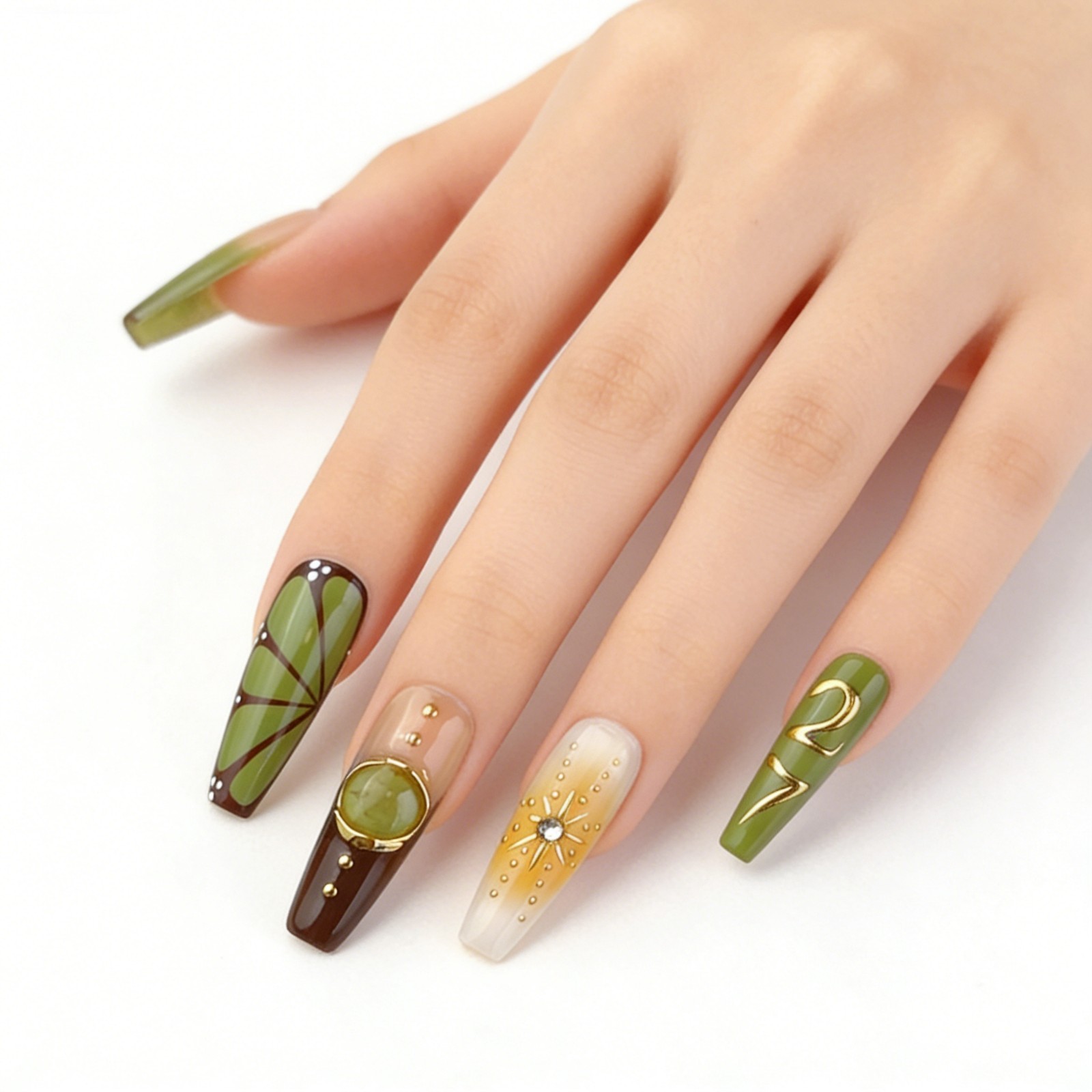 Long Coffin Tropical Jungle Press-On Nails with Gold & Amber Accents handmade