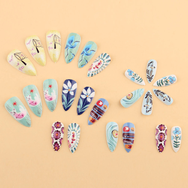 48pcs Almond Press on Nails, Retro Floral Bird Art Print Unique Fashion Nails