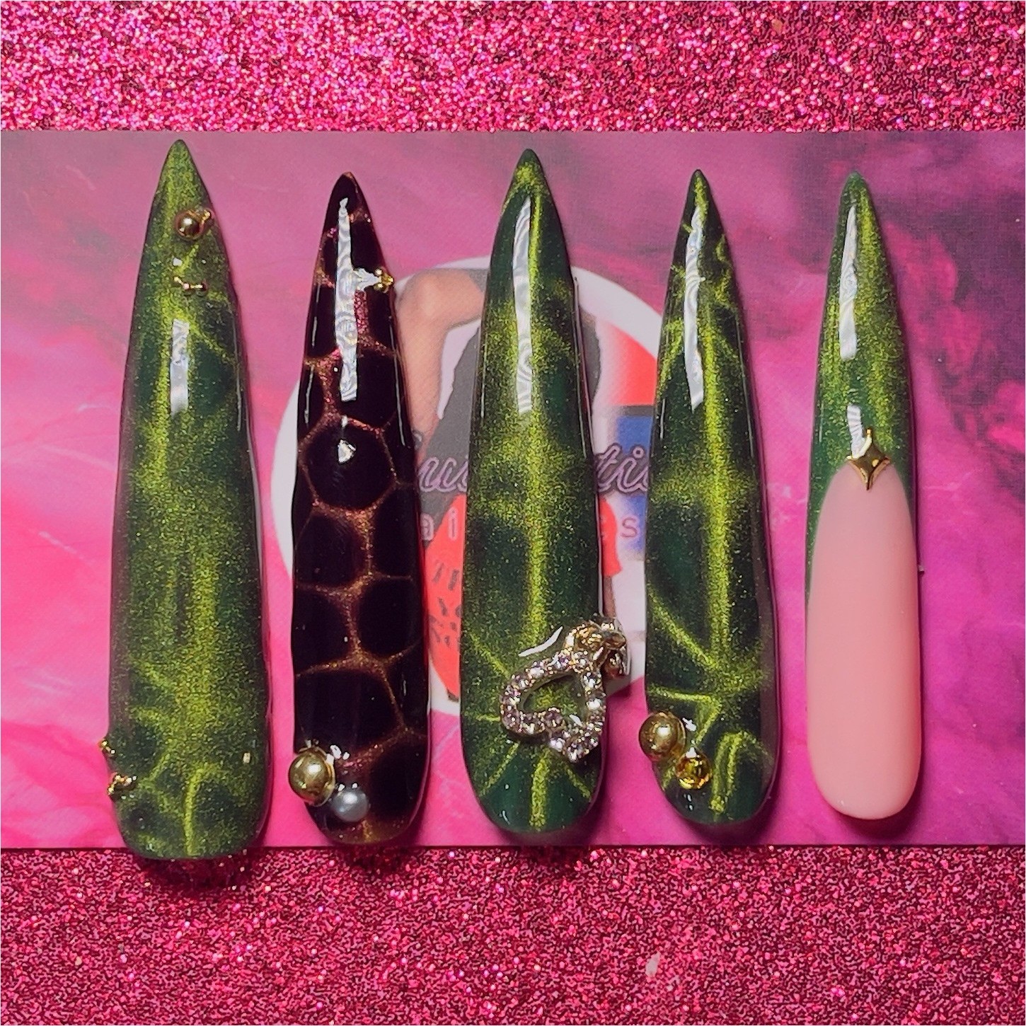 Nail Arts By Dia Long Stiletto Press-On Nails Animal Shiny Green Black Pink