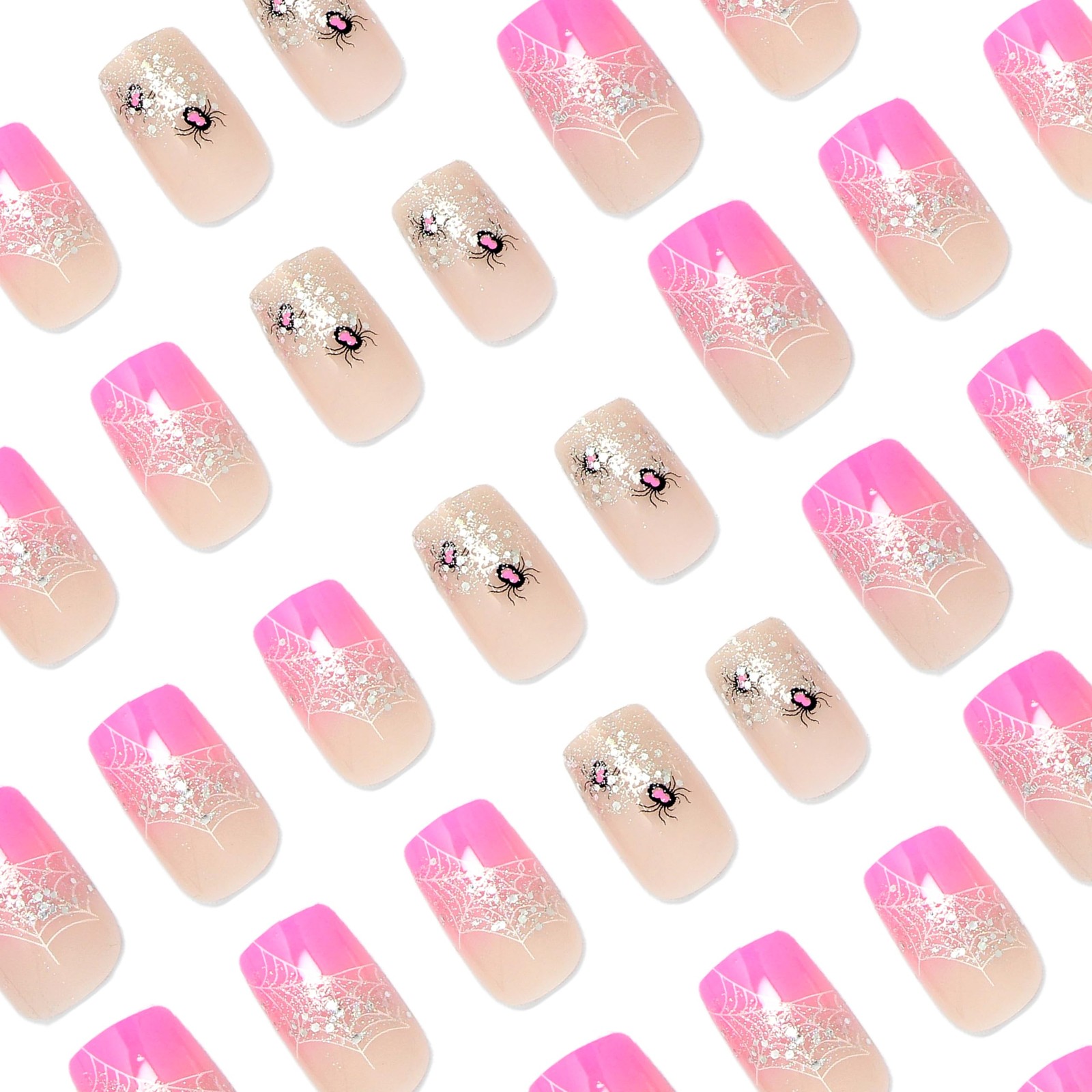24Pcs Halloween Press on Nails Short Square Pink Fake 4*2*0.3in, Multicolor