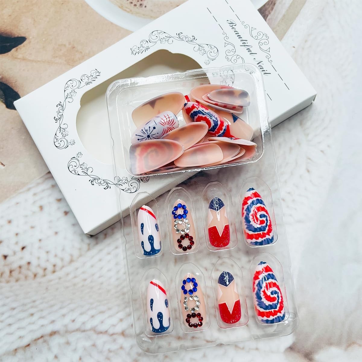 Unique 4th of July Acrylic Nails Full Cover with Star and Fireworks Design