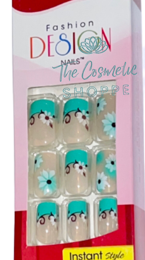 KISS Medium Length Shiny Aqua Daisy FlowerFrench Manicure Glue-On Nails x 3 Pks!