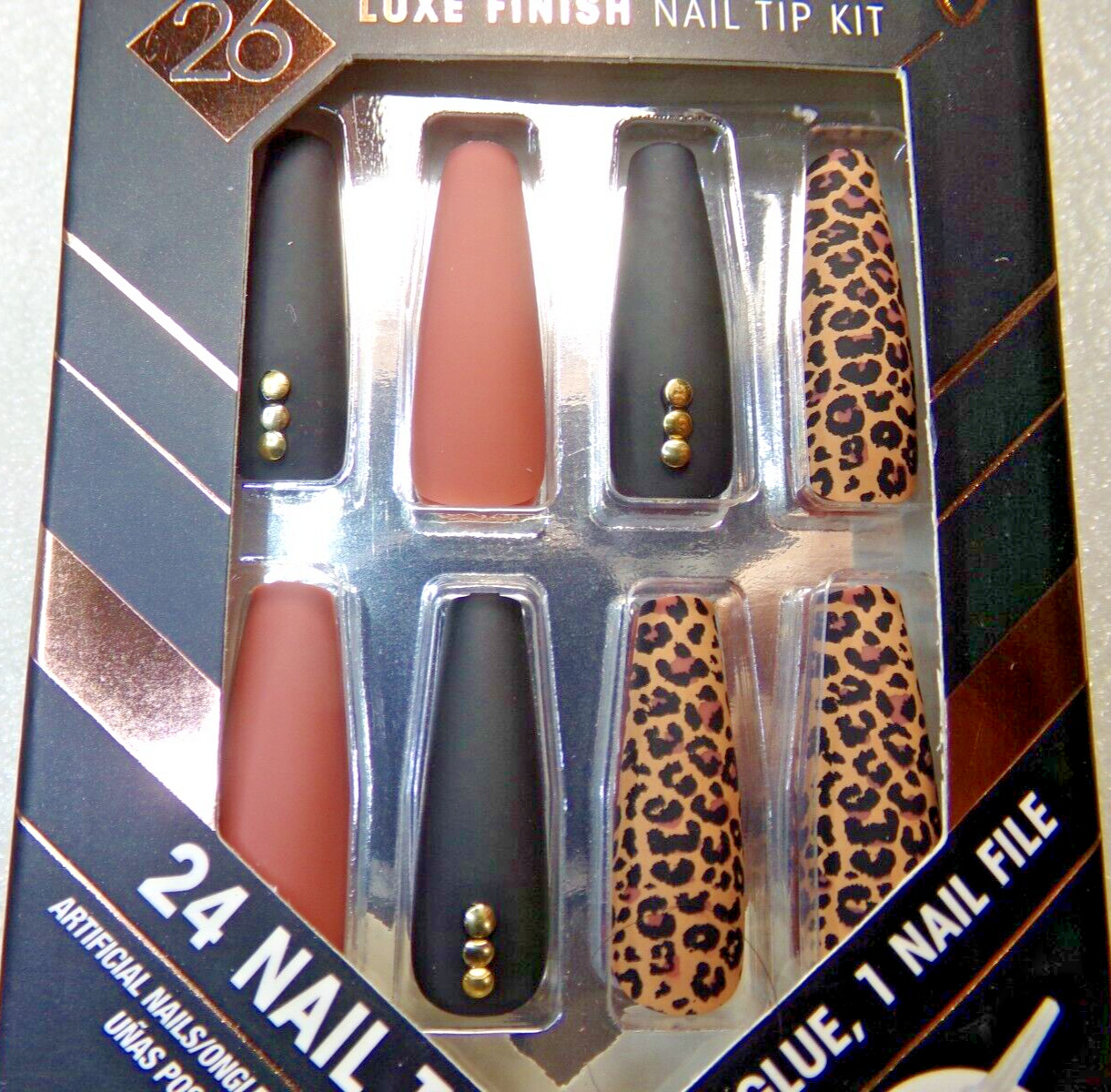 L.A. Colors NAILS GLUE ON Lavish Matte Black & Brown Leopard LONG LENGTH
