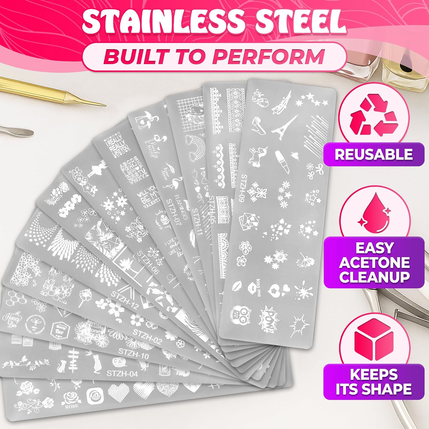 Holiday Nail Stamping Plates 12 Pcs, Stainless Steel Art Templates | Unique