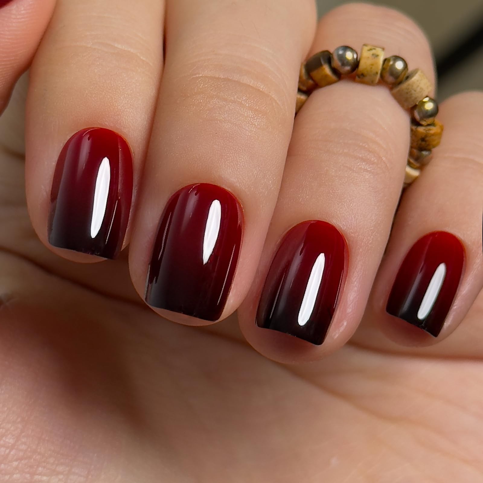 Soft Gel Short Press On Nails Kit – 30pcs Red Ombre Oval Full Cover False Chr…