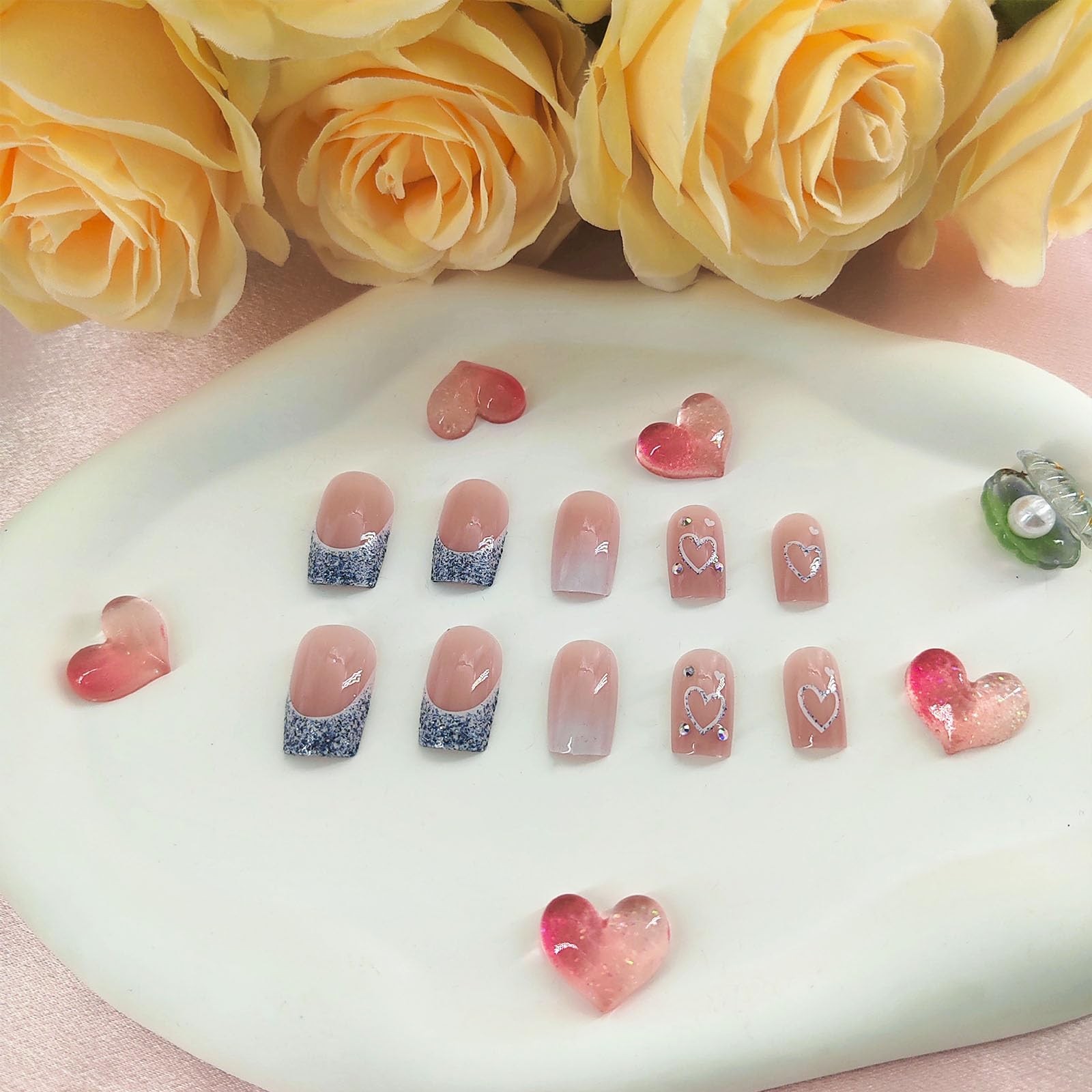 Square Press on Nails Medium Length Glitter French Tip Press on Nails Heart D…