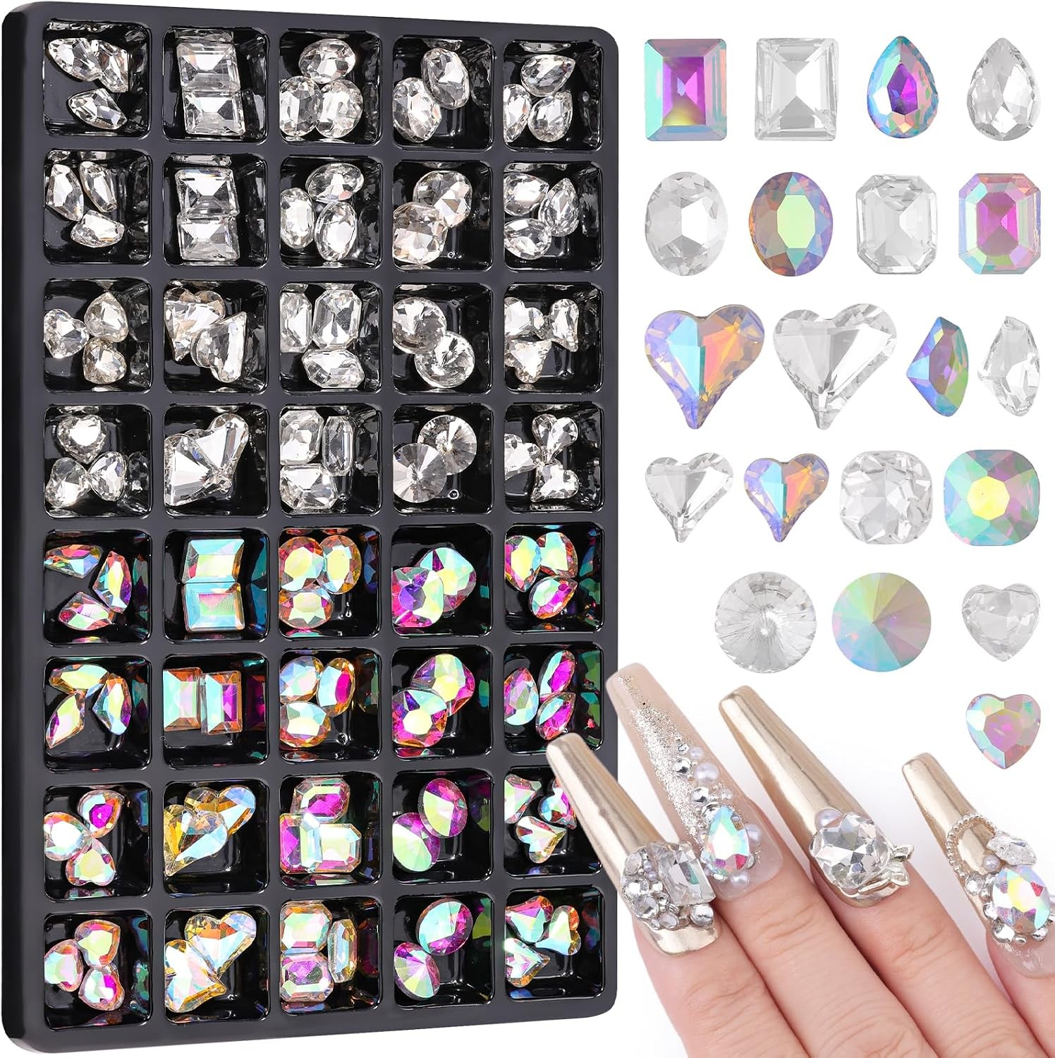 104PCS Glass Nail Gems, 3D Champagne Gold Nail Art Rhinestones for Women