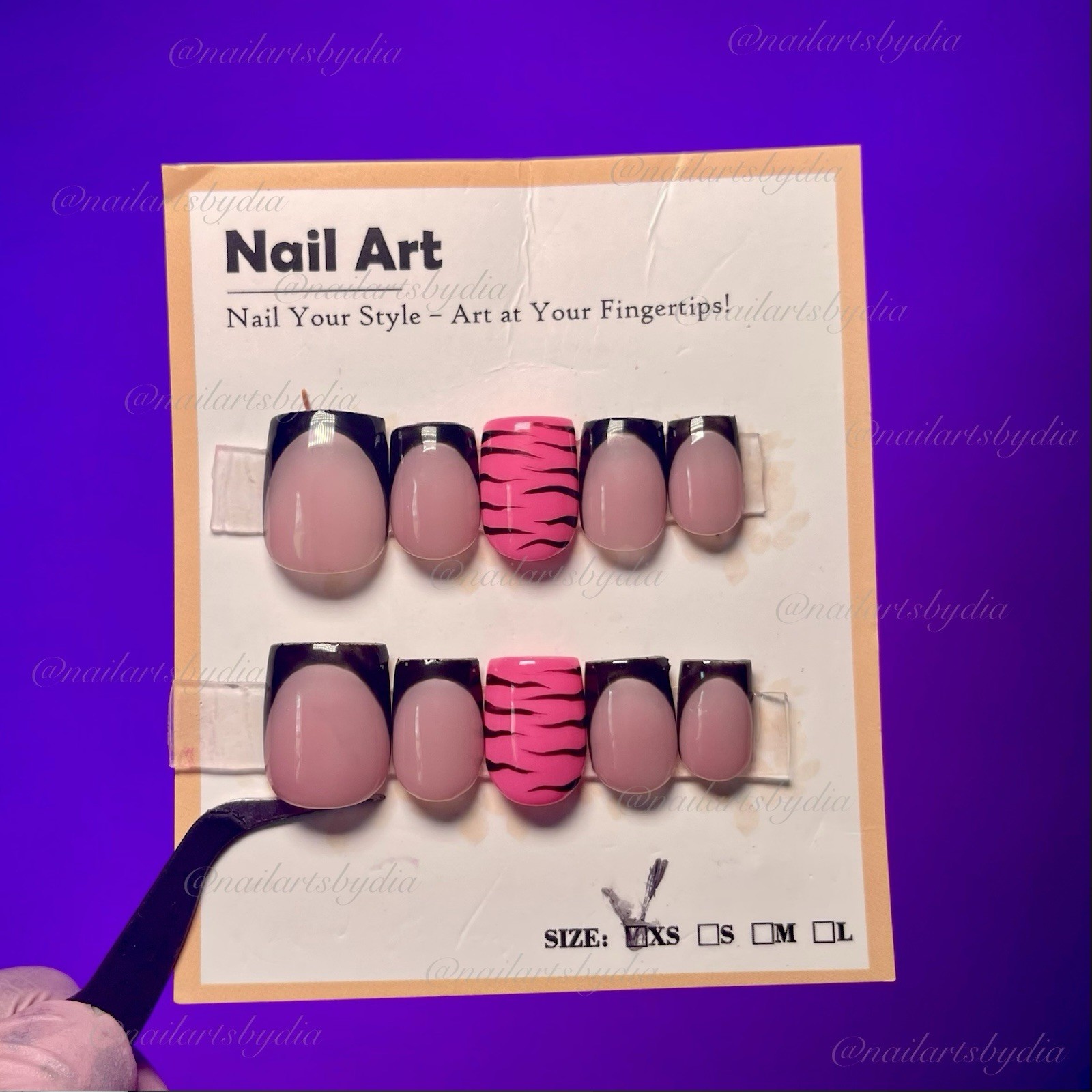 Authentic Nail Arts by Dia Square Press-On Nails Pink Black French Shiny XS