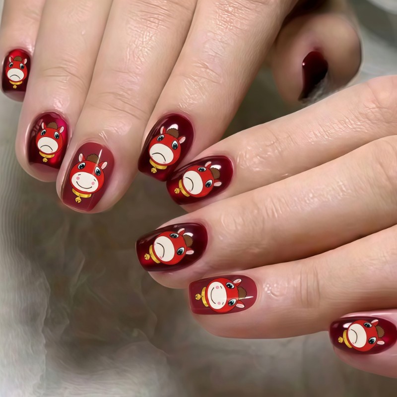48Pcs Short Square Red Cartoon Horse Press on Nails Cute Holiday Party Wear
