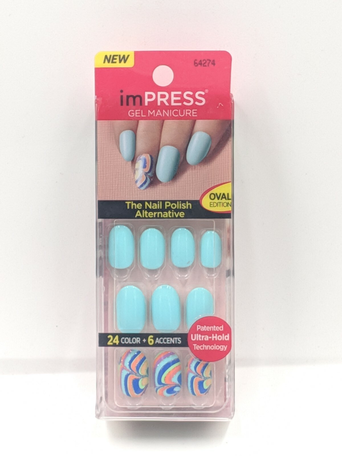 KISS imPRESS One-step Gel Manicure 24 Nails includes 6 Accents Oval Teal