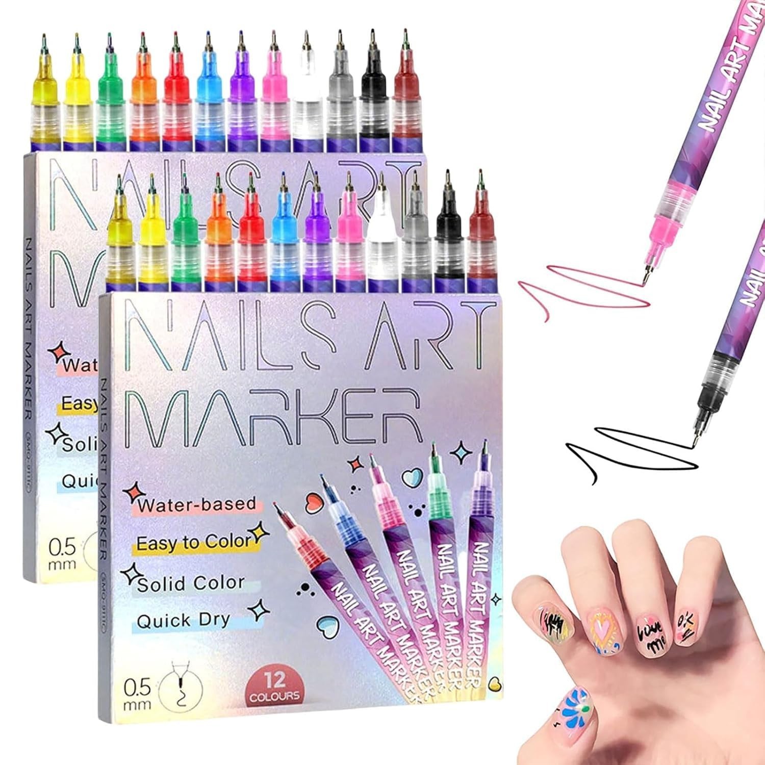 12 Colors Nail Art Pens Set – 3D Nail Art Markers, DIY Painting & Liner Brushes