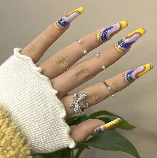 Beautiful Nails Shiny Rainbow Swirl Pink Blue Yellow Design glue on Extra Long