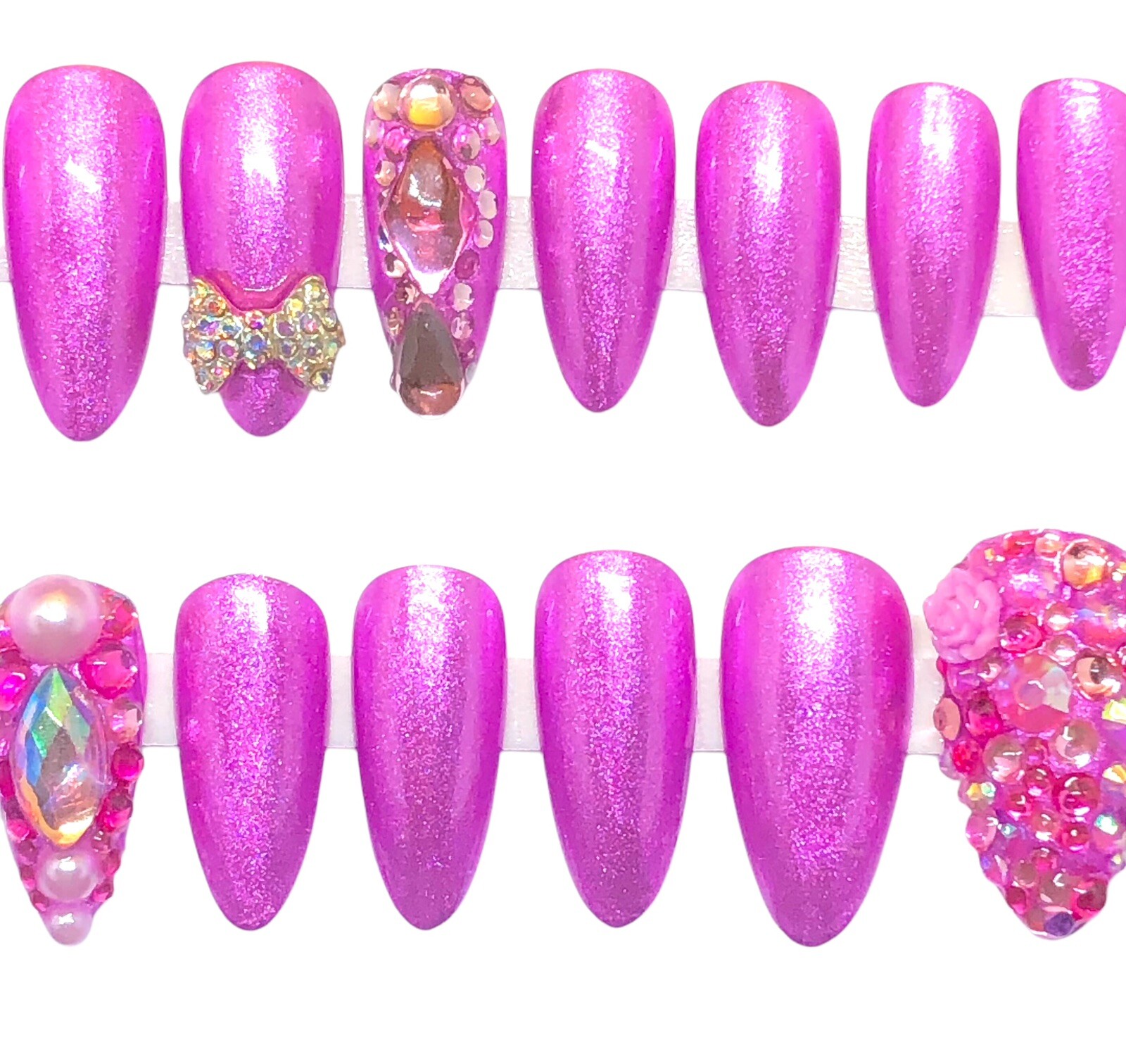 Handmade UV Gel Press On Nails Medium Length Almond Shape Pink Metallic & Bling