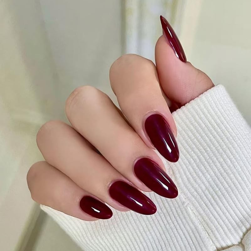 Luxury Press-On Nails – Medium Almond – Elegant Burgundy Fake Nails Cherry Red