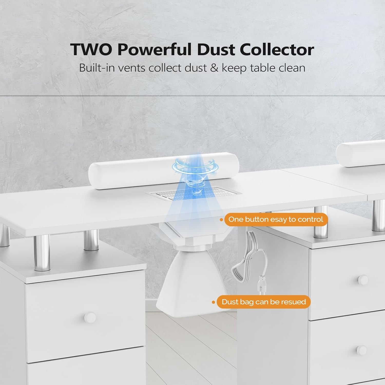 Rolling Double Manicure Table with Dust Collector & Drawers, Nail Table Station