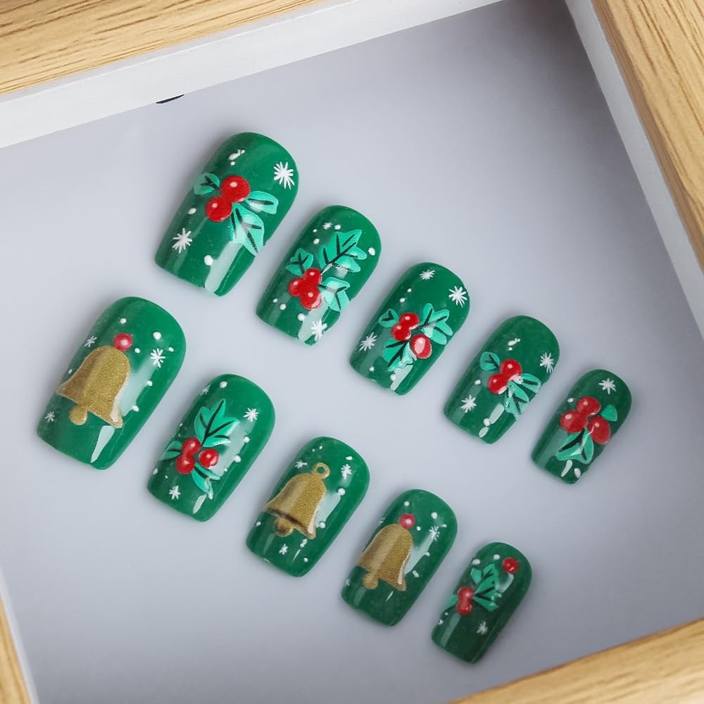 Christmas Press on Nails Short Square Glue on Nails with Holly Fruit Design C…