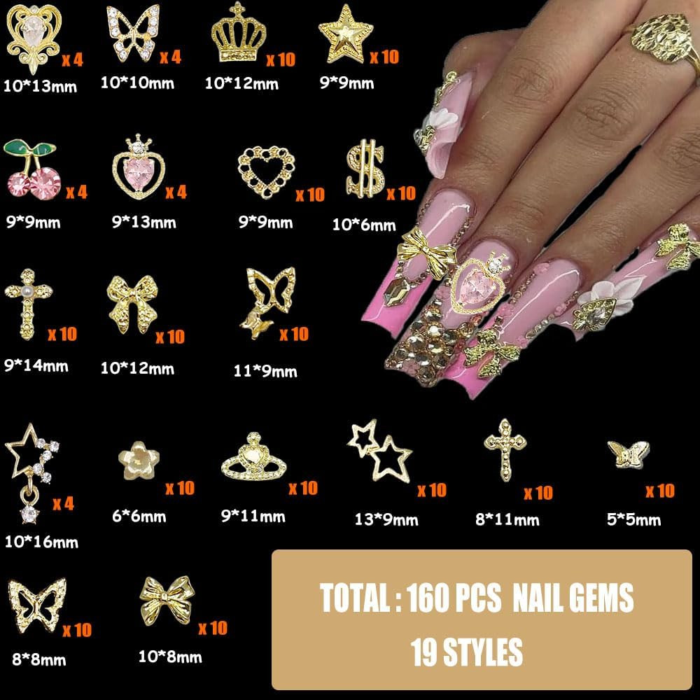 160pcs Gold Nail Charms 3D Butterfly Cherry Heart Cross Bow Star Dollar Flower C