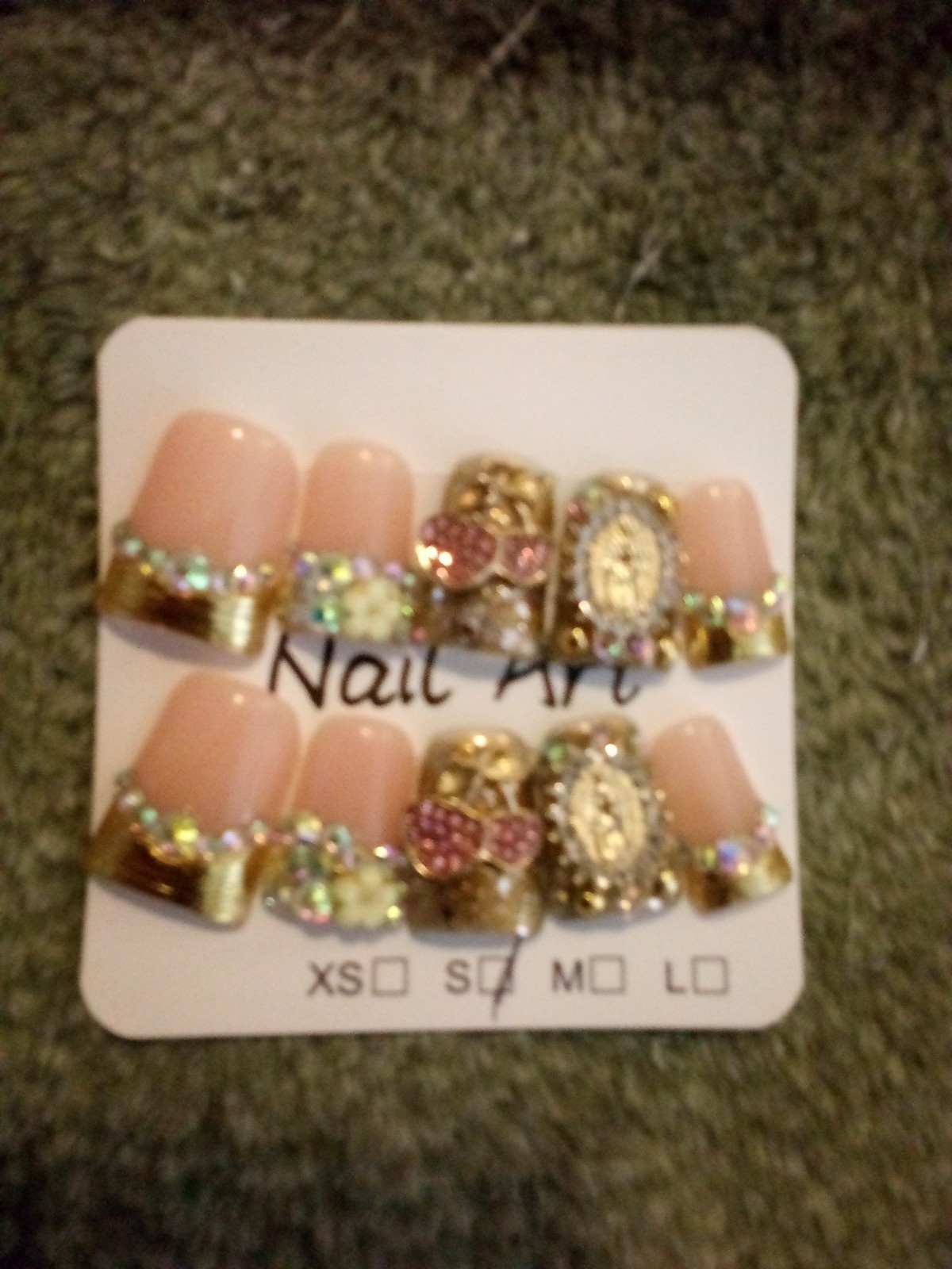 3D Shiny Press-On Nails Pink Gold Short Square Pre-Designed Full Cover Y15