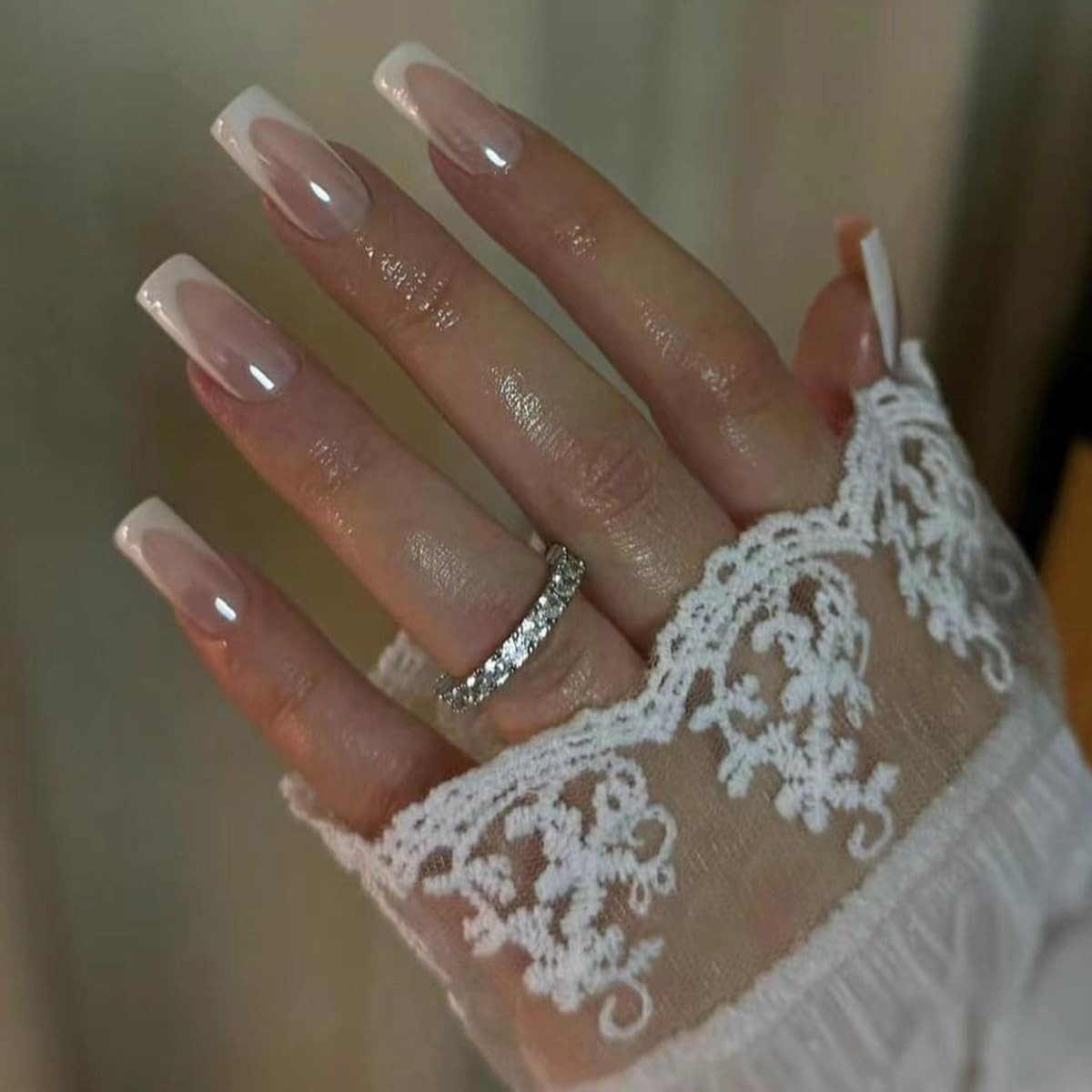French Tip Press on Nails Square Medium Fake Nails Chrome Mirror Acrylic Nails P