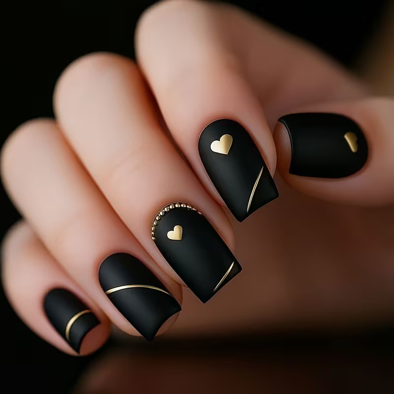 24pcs Black Matte Press-On Nails, Medium Square,with Gold Heart, Stripe, Elegant